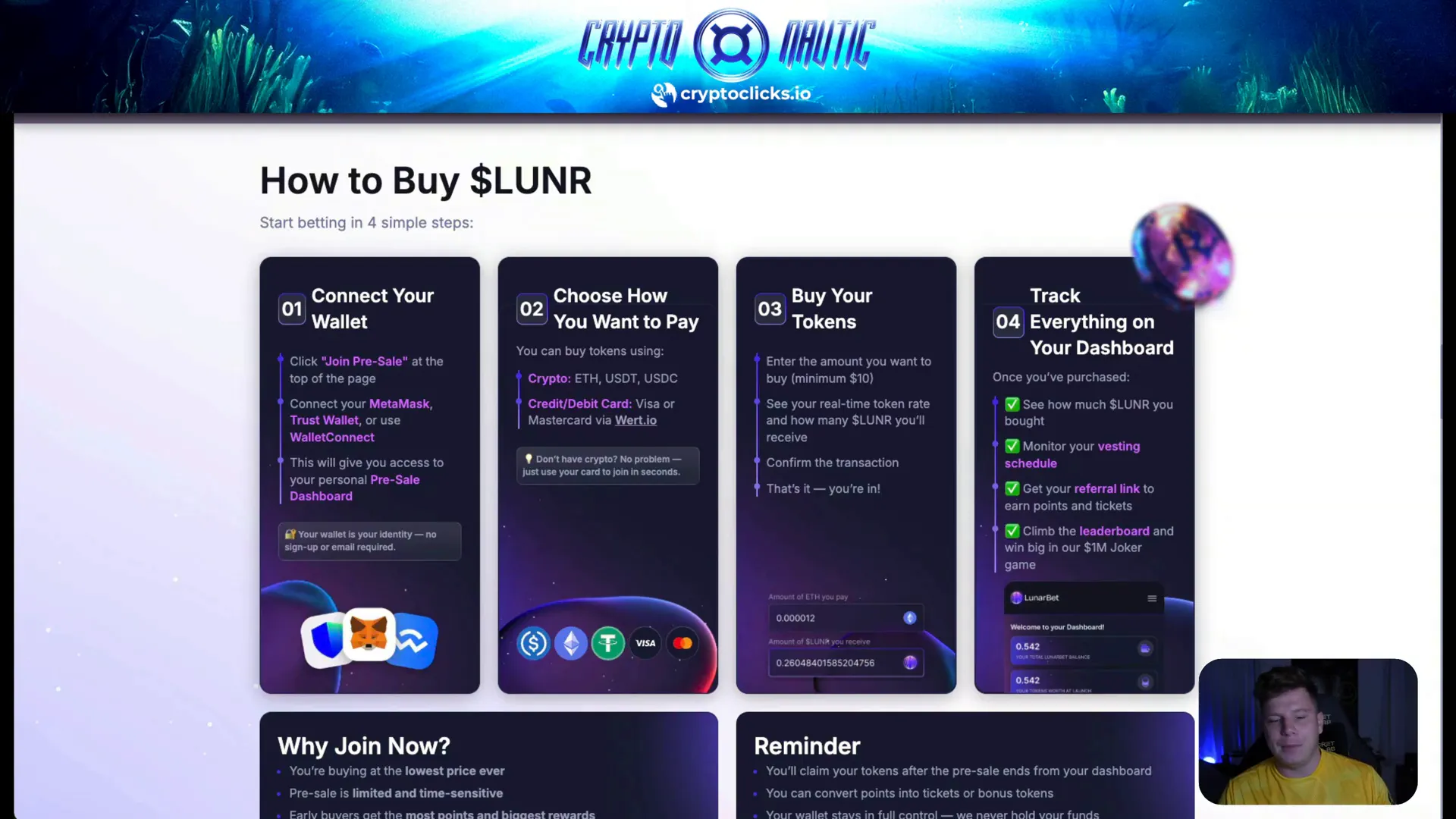 LunarBet presale purchase interface with wallet connection options