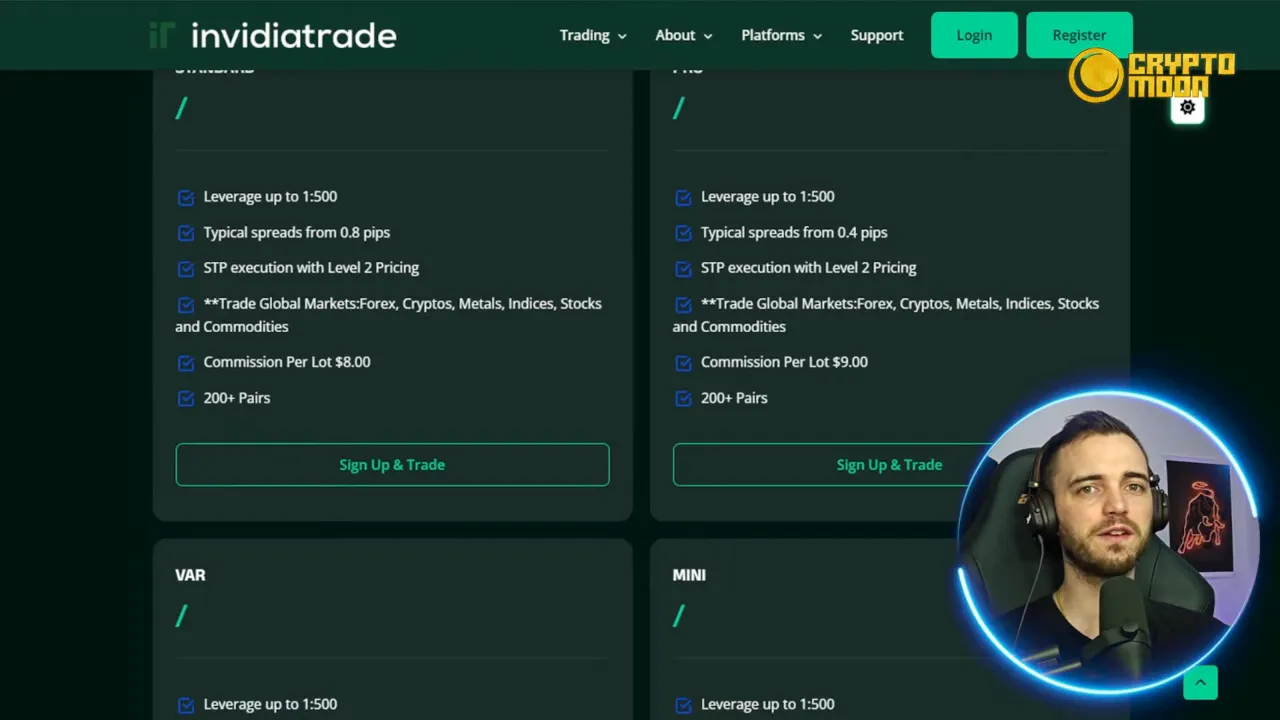 Invidia Trade account types and leverage screenshot