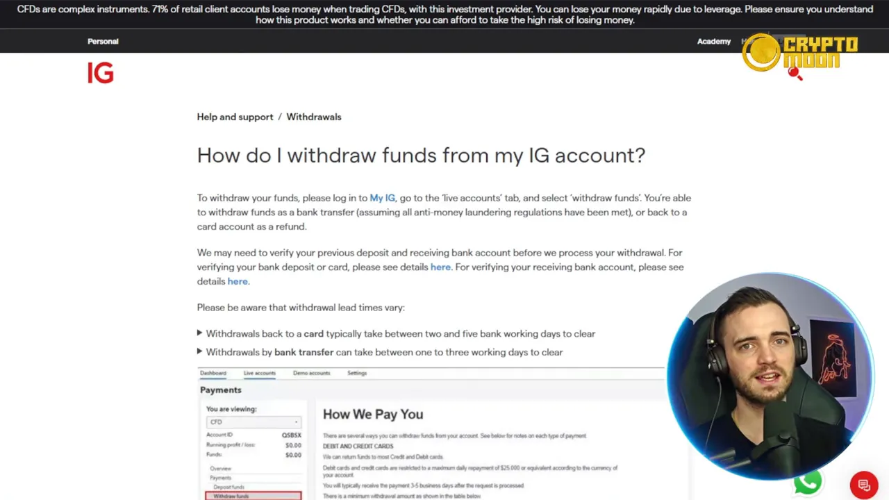 IG Markets withdrawal times on help page screenshot