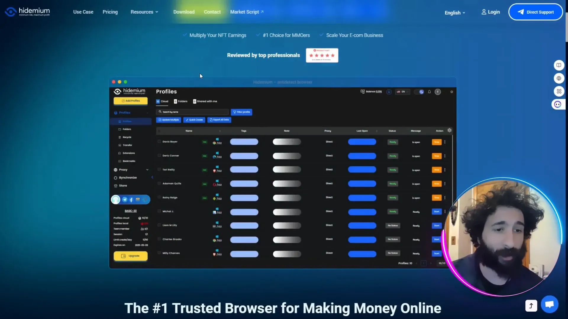 Hidemium interface showing multiple profiles ready for management
