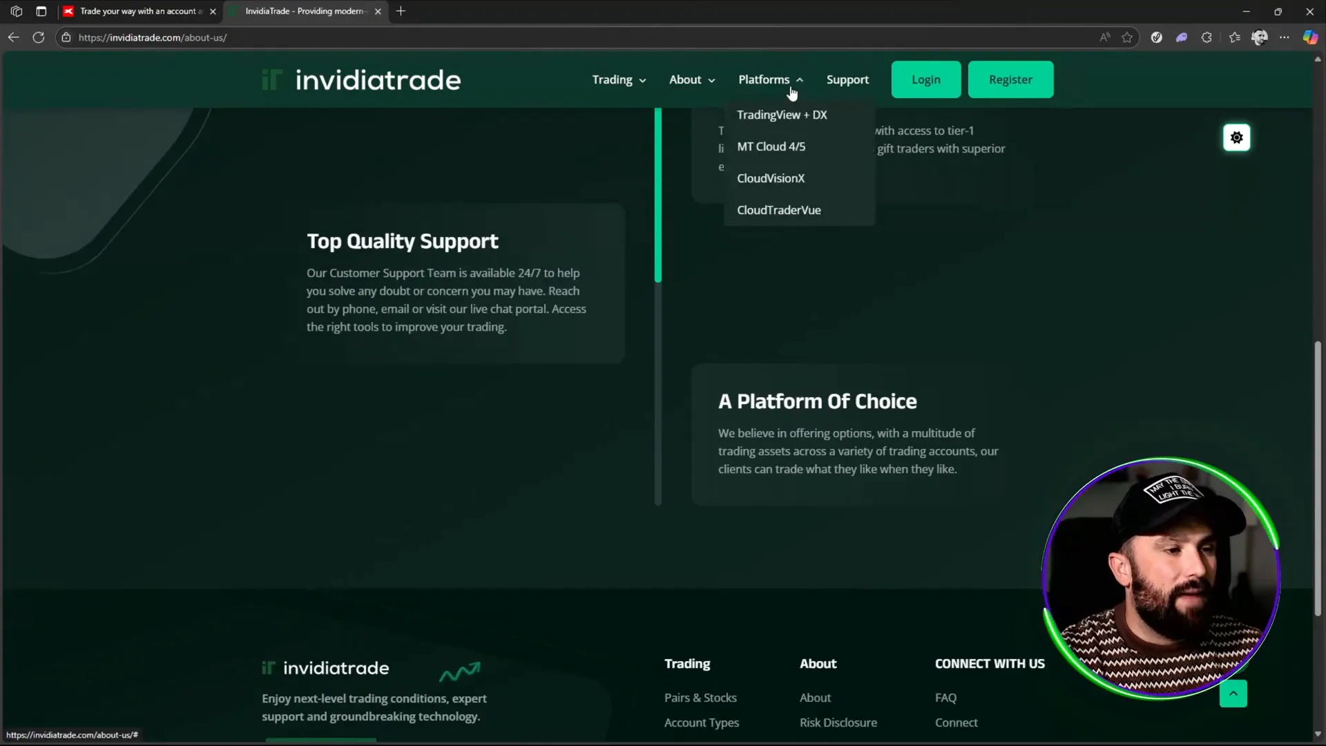 invidiaTrade platform options including TradingView and MT4/MT5
