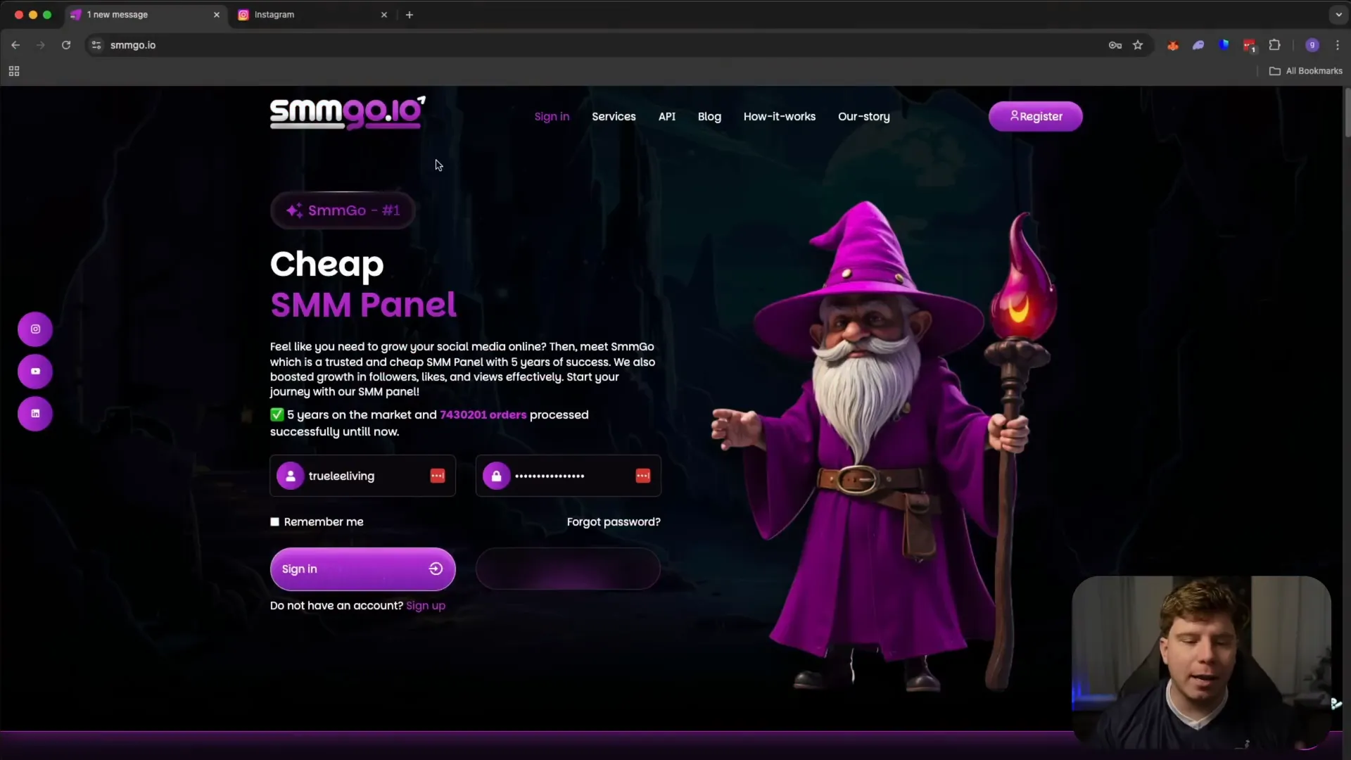 SMMGO platform dashboard showing Instagram account login