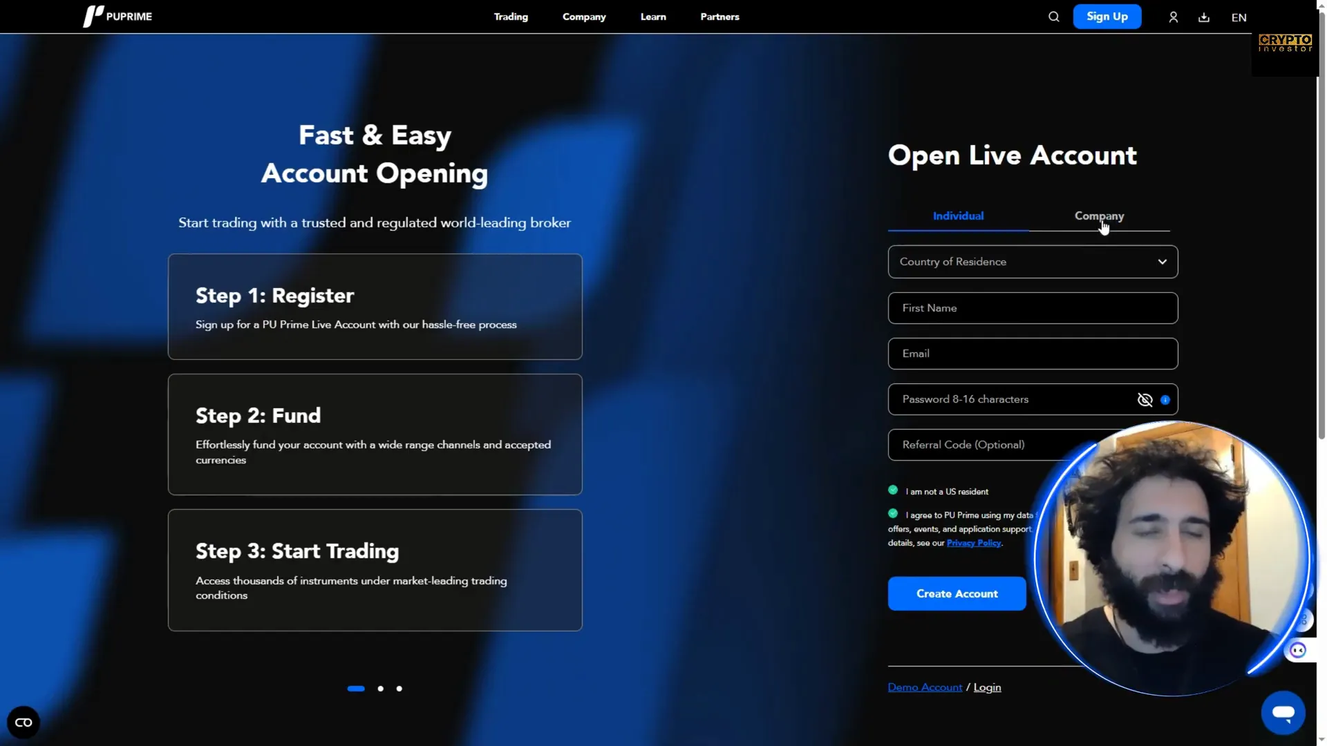 Sign up process on PU Prime
