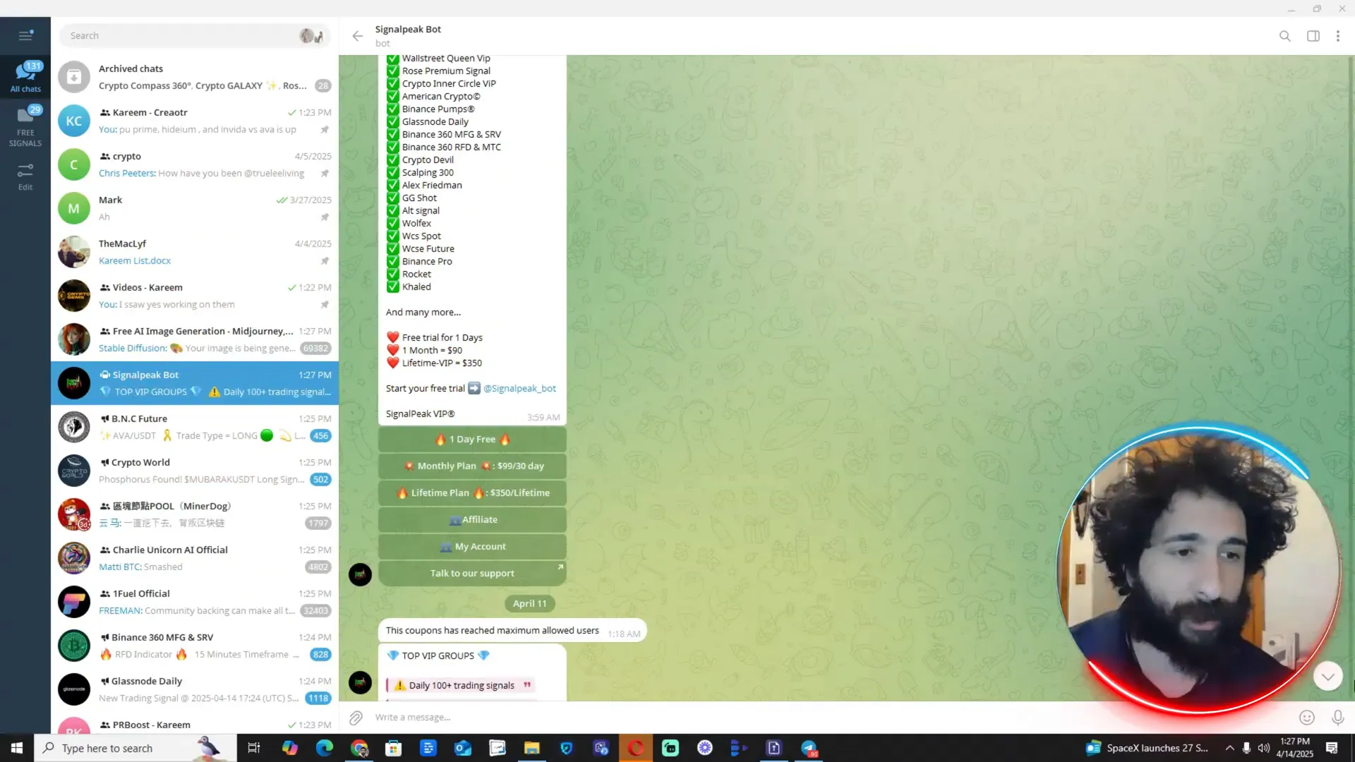 SignalPeak platform showing multiple Telegram groups for crypto and Forex