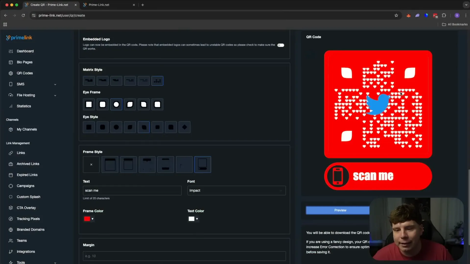 Preview of a customized branded QR code on PrimeLink