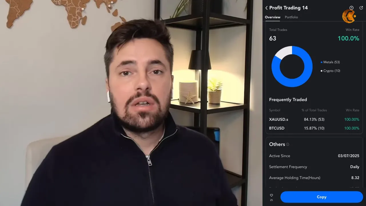 Presenter alongside a trading app showing a pie chart allocation (metals vs crypto) and win rate, illustrating multi-asset trading.