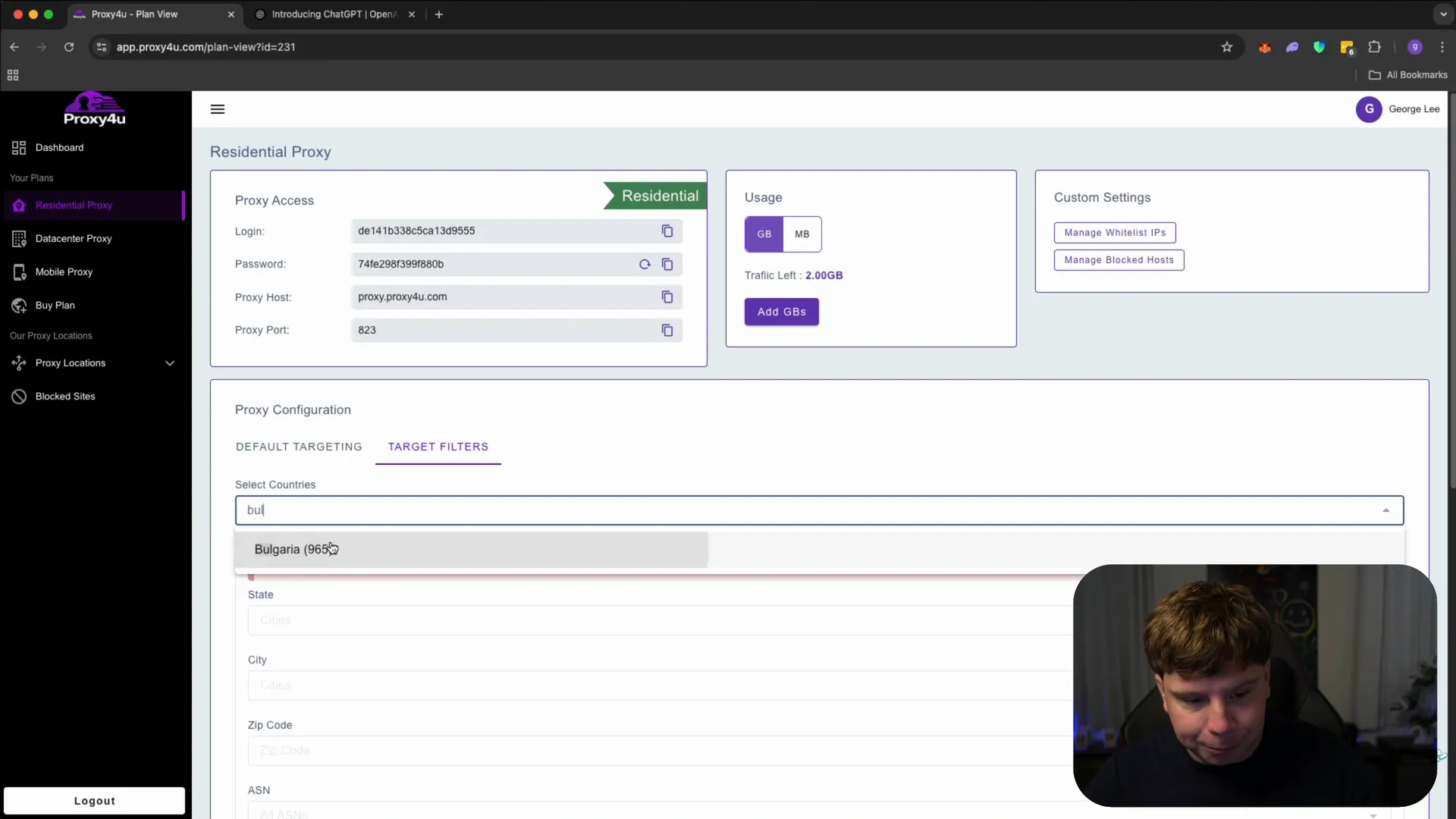ProxyForYou target filtering options including country, city, and zip code