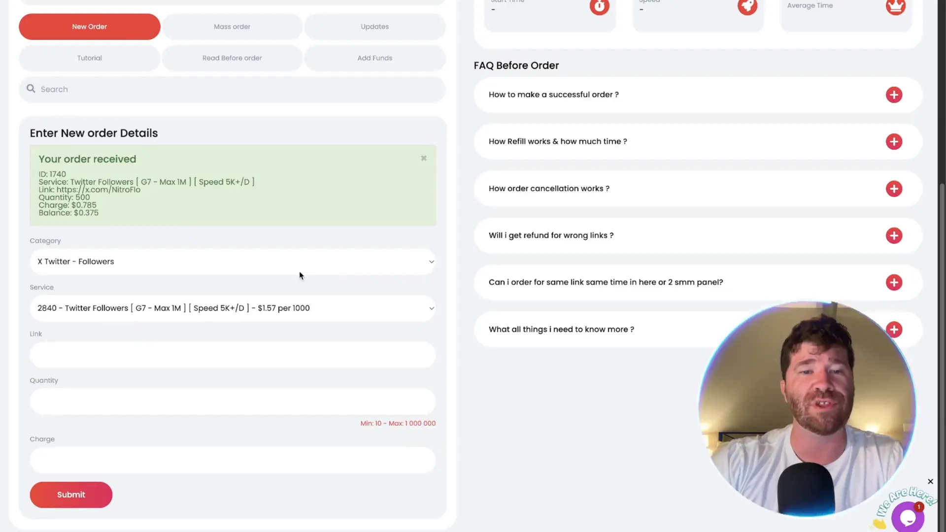 SMMGo.io order details showing start time and progress