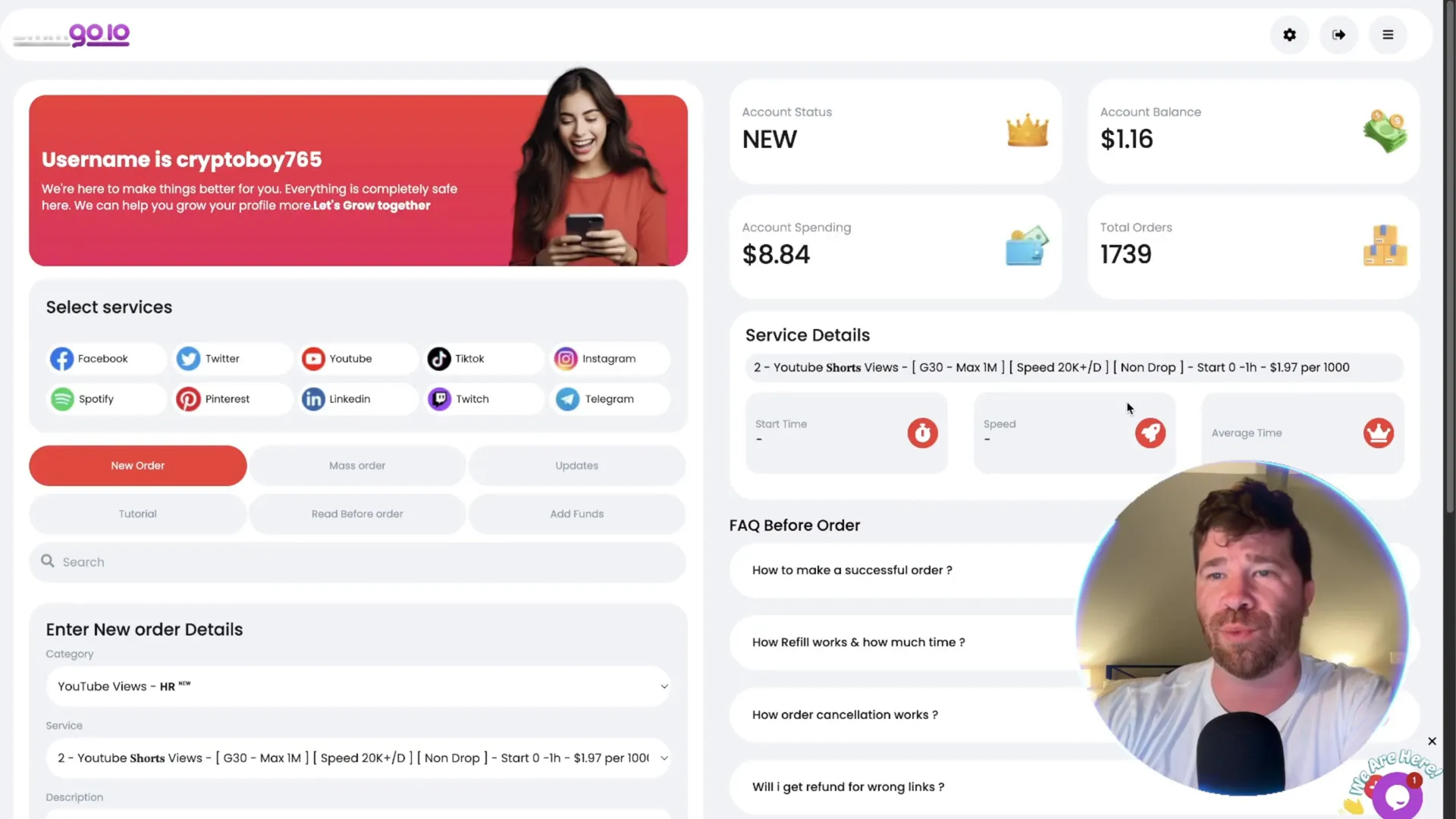 SMMGo.io services dashboard showing multiple social media platforms
