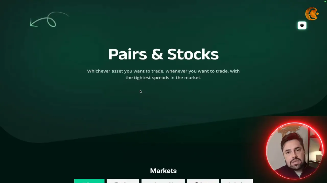 Crisp Invidia Trade landing page headline 'Pairs & Stocks' centered on a dark green background with a small circular presenter overlay in the lower right.