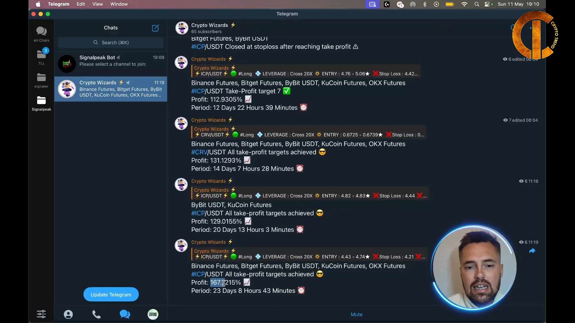 Crypto Wizards channel showing high percentage profit targets