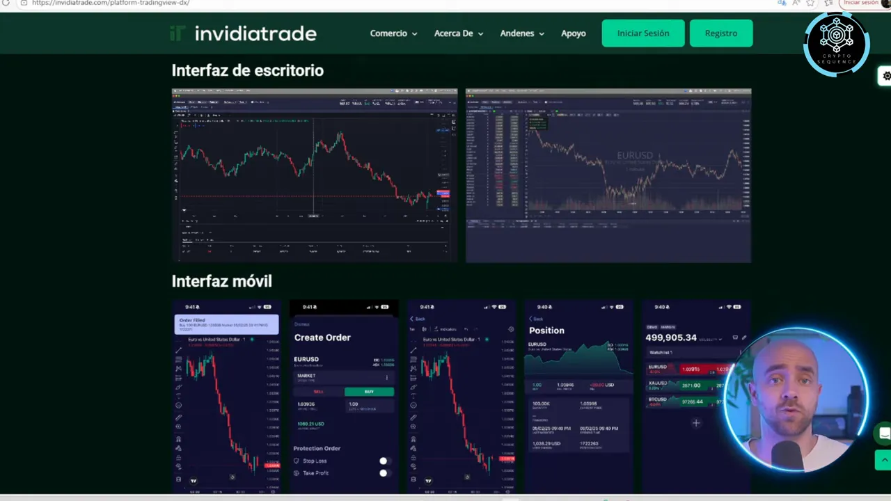 Interfaz de InvidiaTrade mostrando gráficos de escritorio y pantallas de órdenes móviles con buena legibilidad