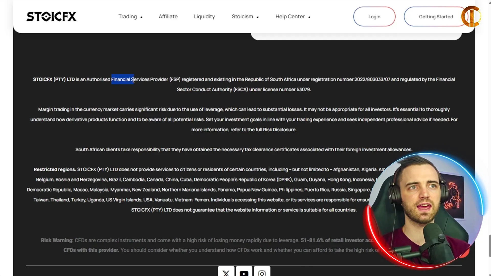 StoicFX regulation information on screen