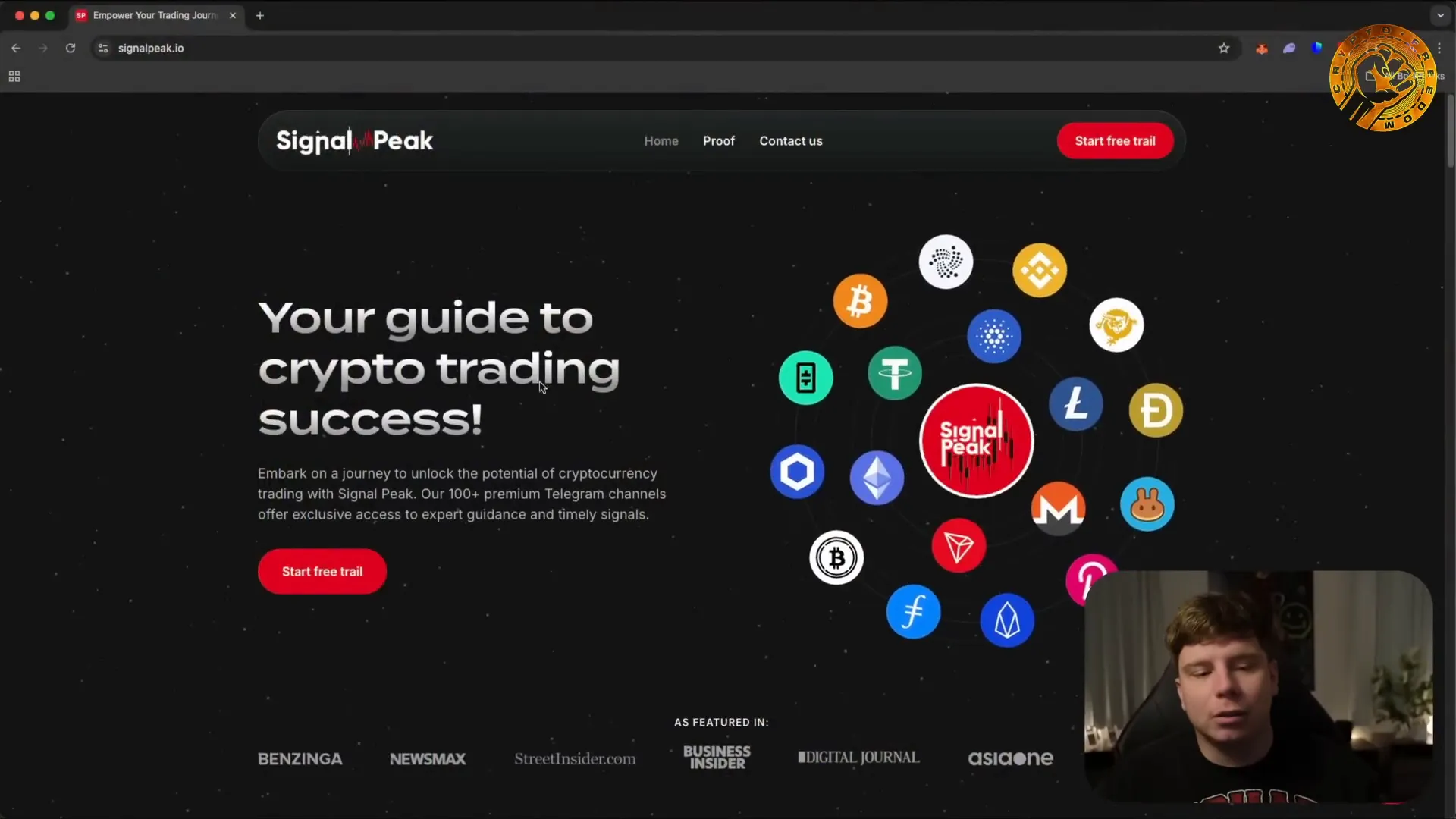 SignalPeak website homepage showing crypto signal groups