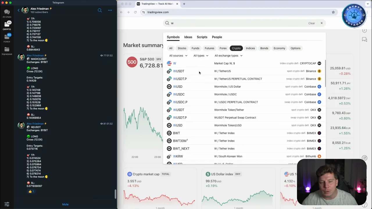 Telegram trade signal on the left with TradingView symbol search results and market chart on the right.