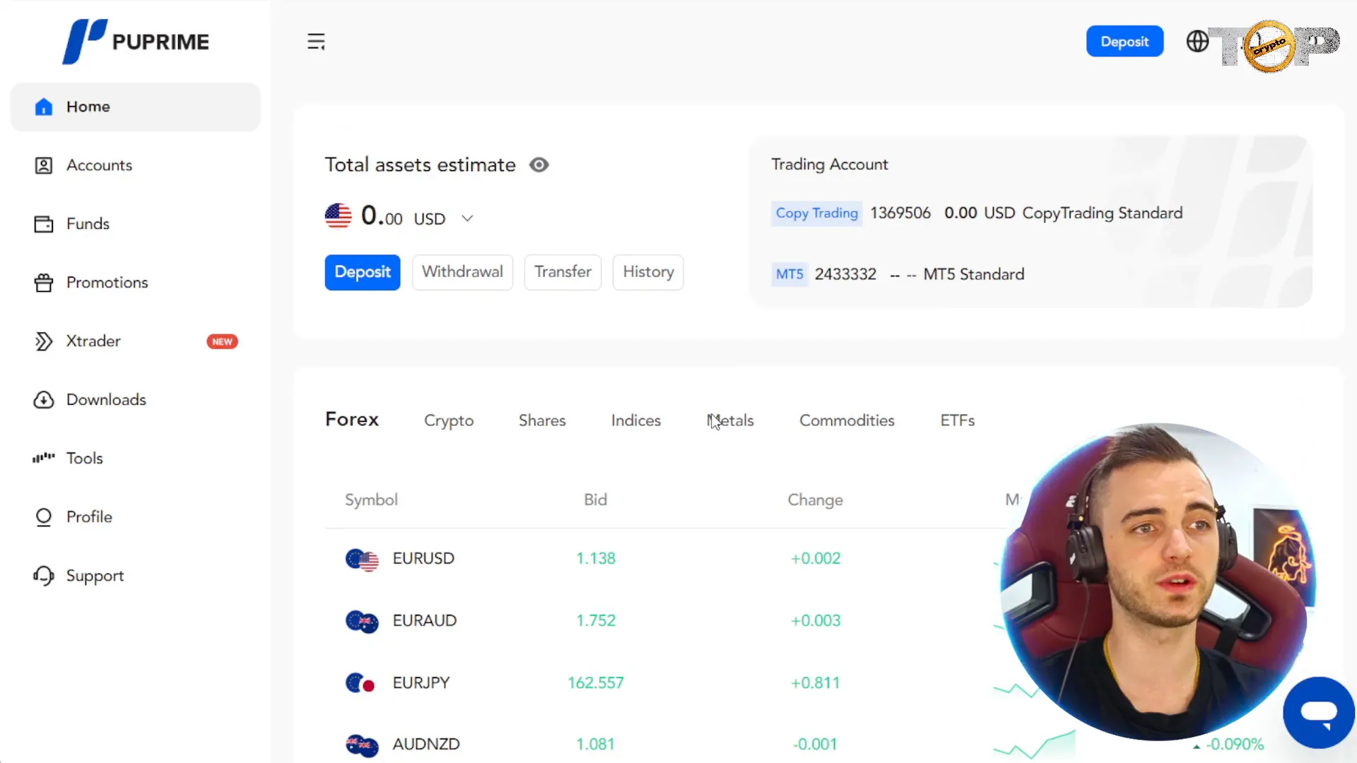 PU Prime dashboard showing variety of trading assets