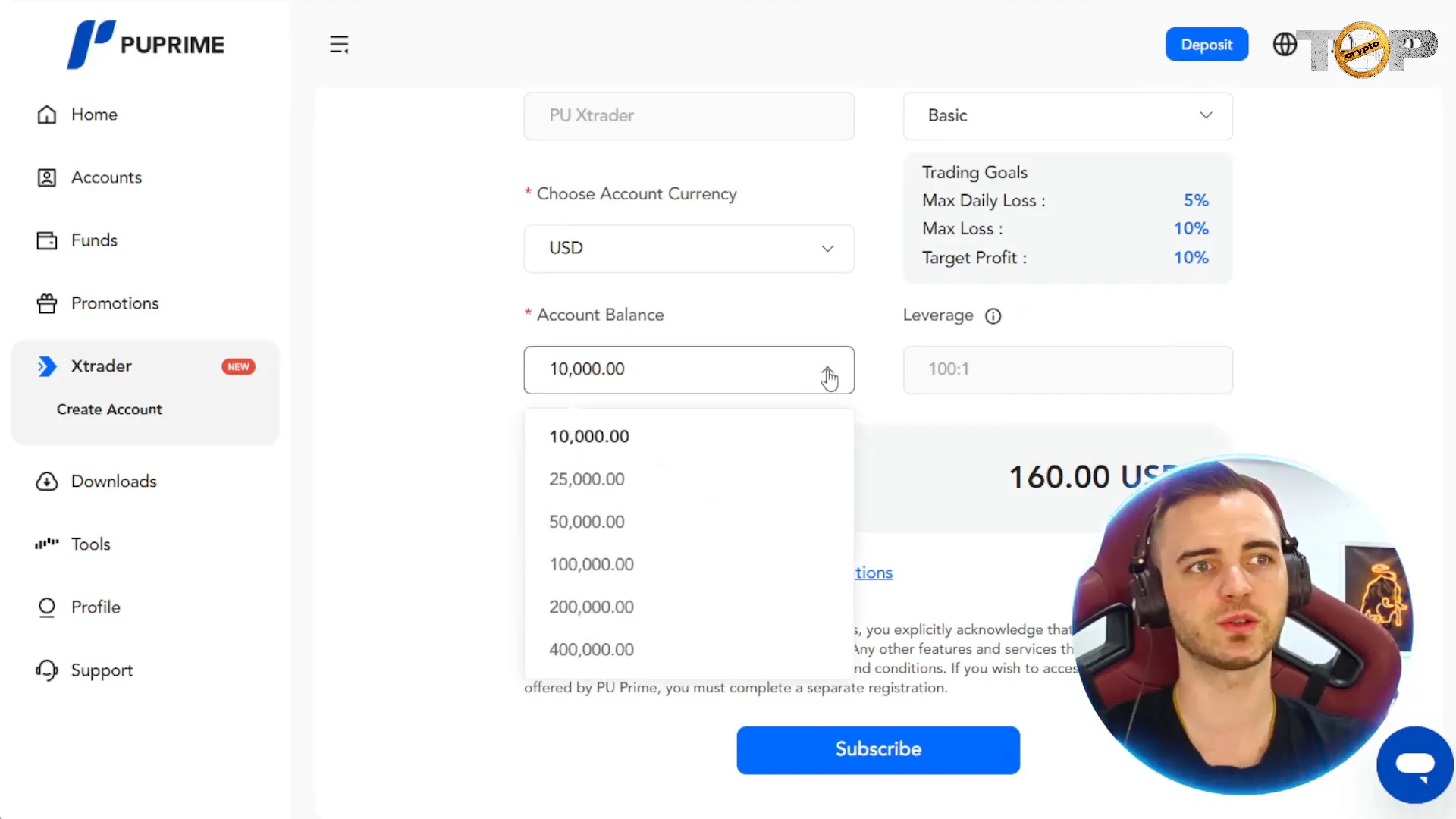 PU Prime X Trader account options and profit rules