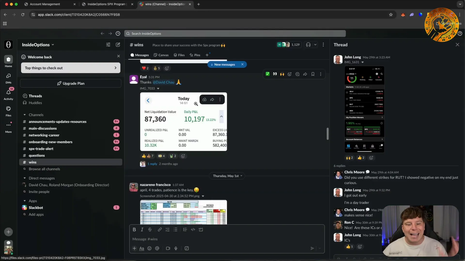 Slack channel showing trade alerts and instructions