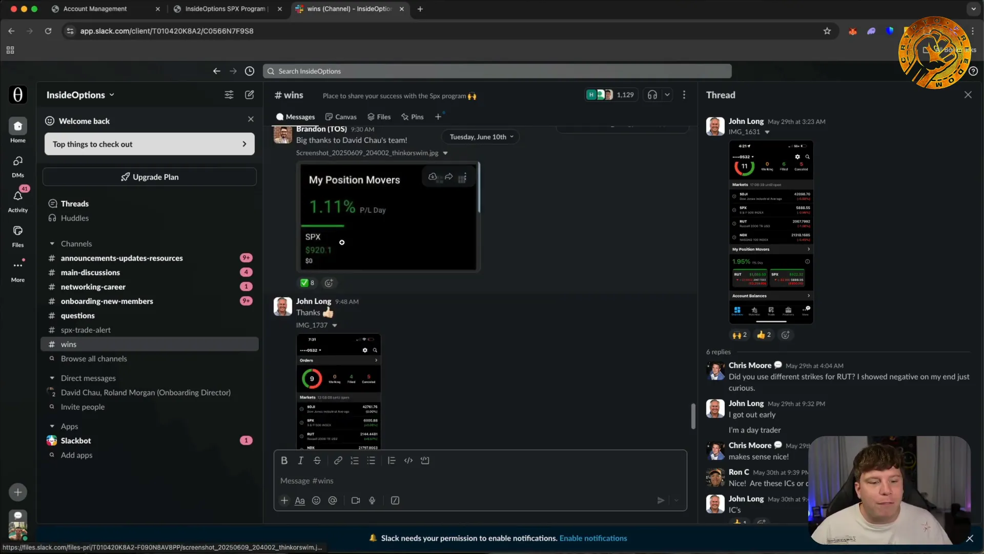Profit summary and community wins in Slack