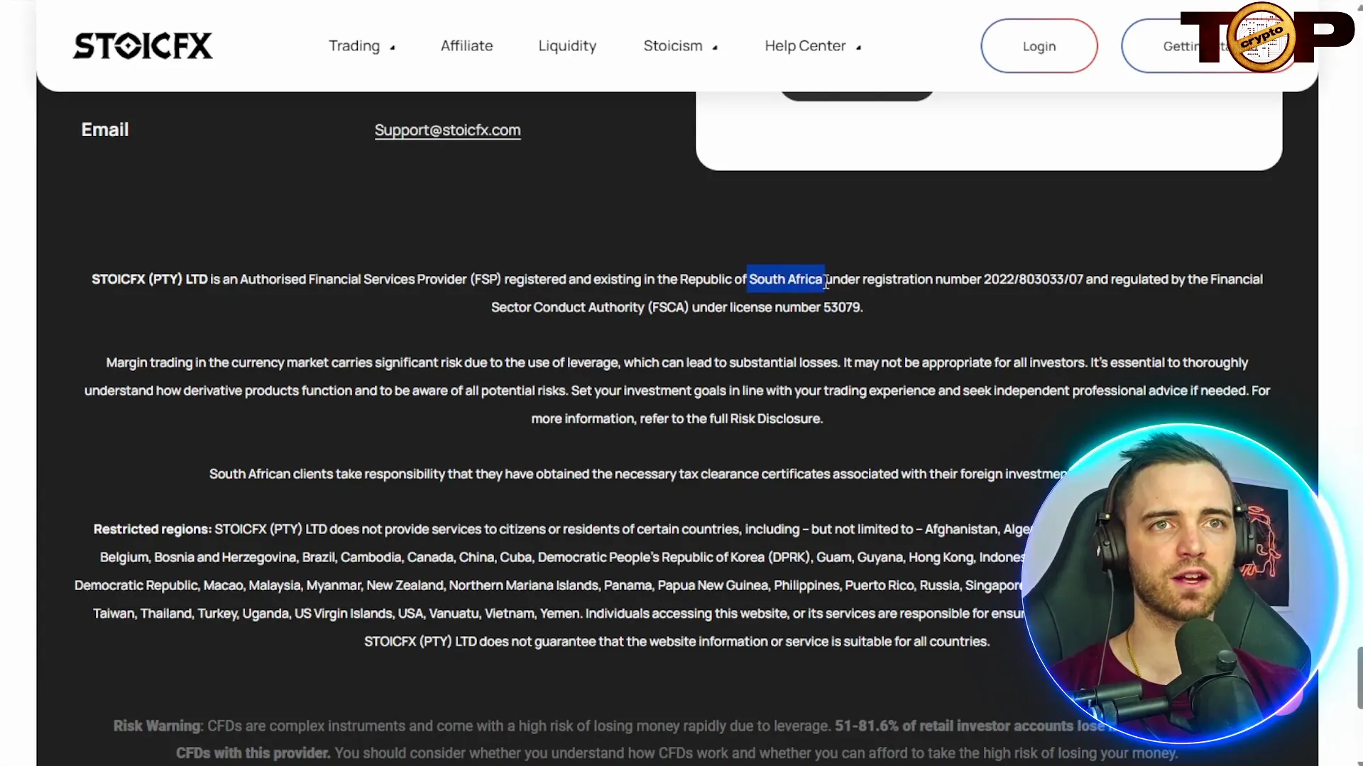 Stoic FX regulation details on website footer