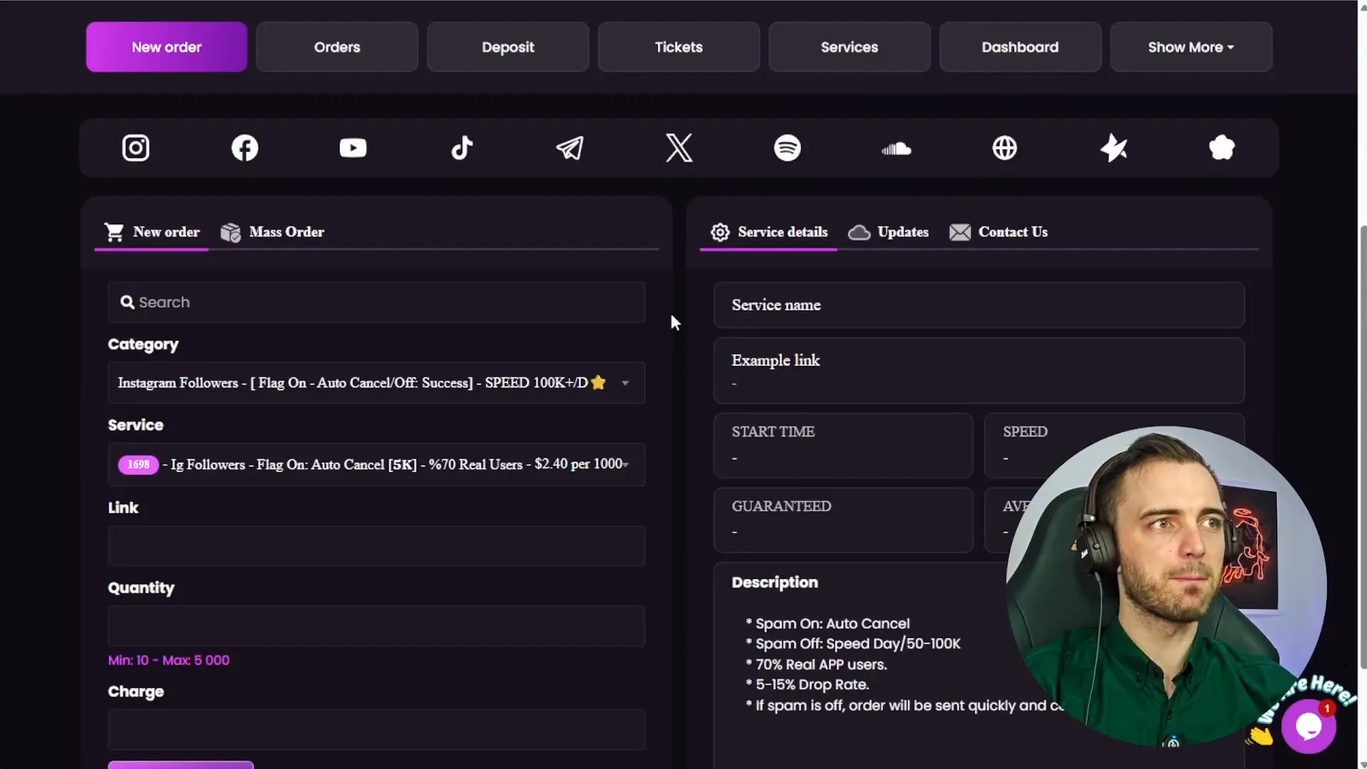 Selecting X Twitter followers on SMMGO and placing an order