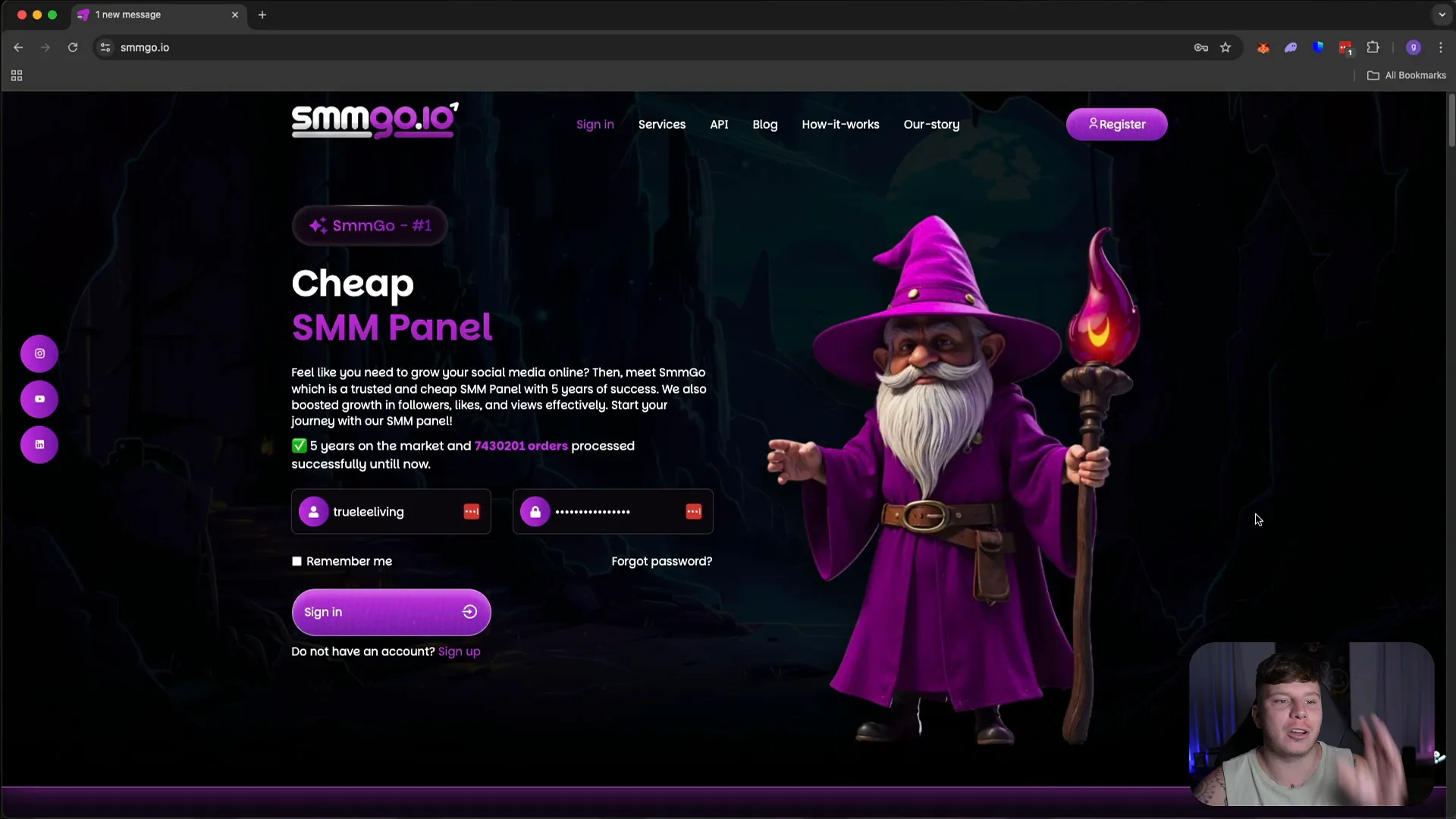 SMMGo homepage dashboard showing social media services