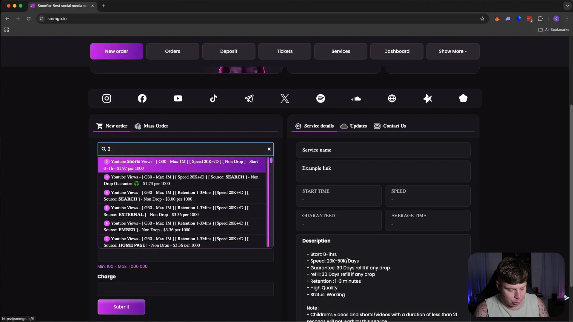 Selecting YouTube Shorts service on SMMGo platform