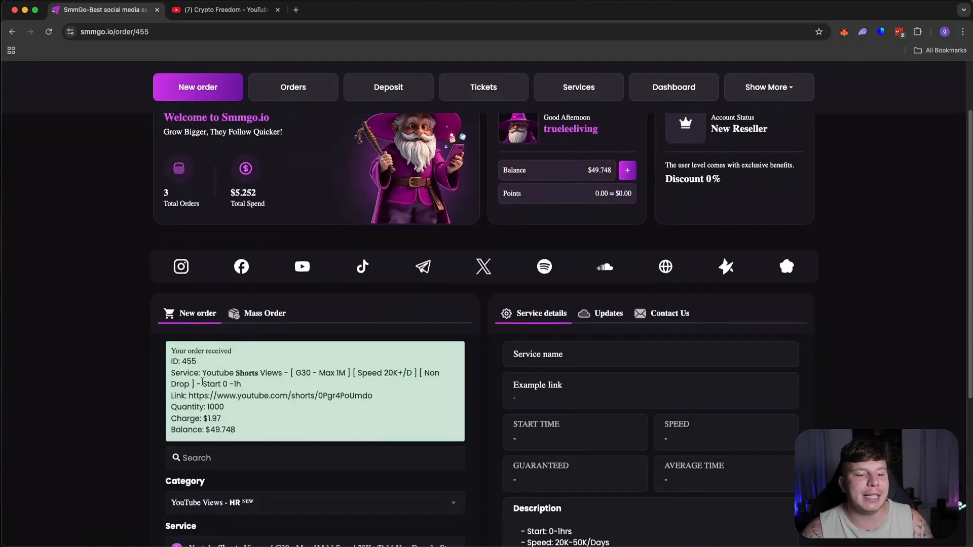 Order confirmation and balance deduction on SMMGo dashboard
