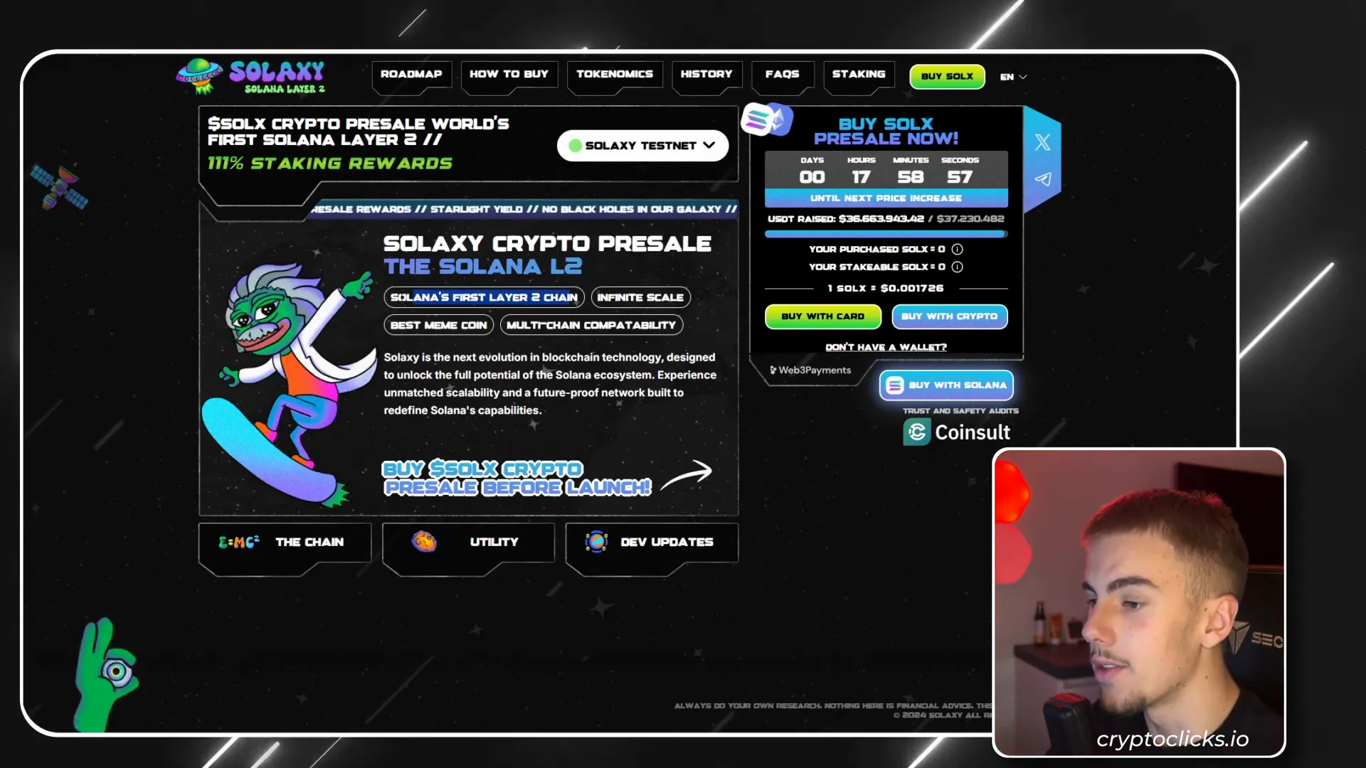 Solaxy dashboard showing staking rewards and bridge features