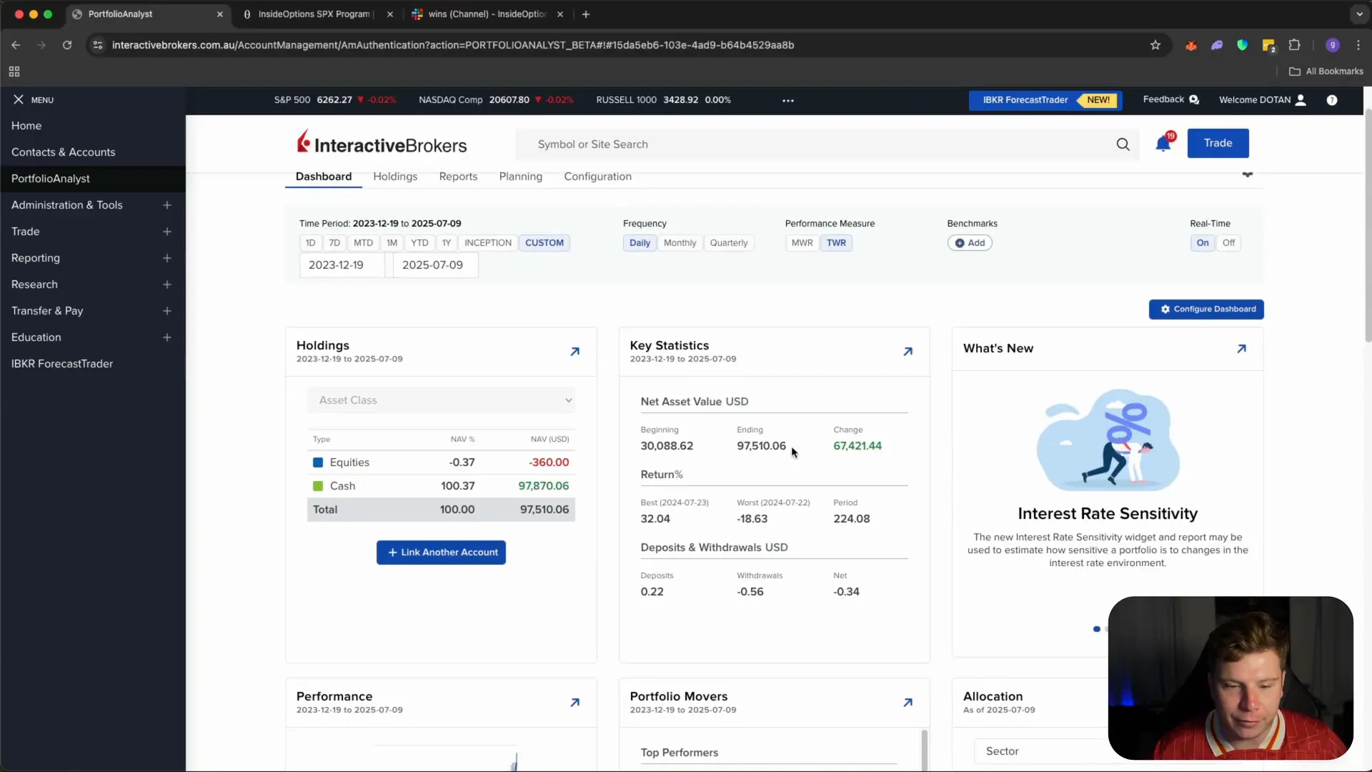 Screenshot showing growth chart and account milestones