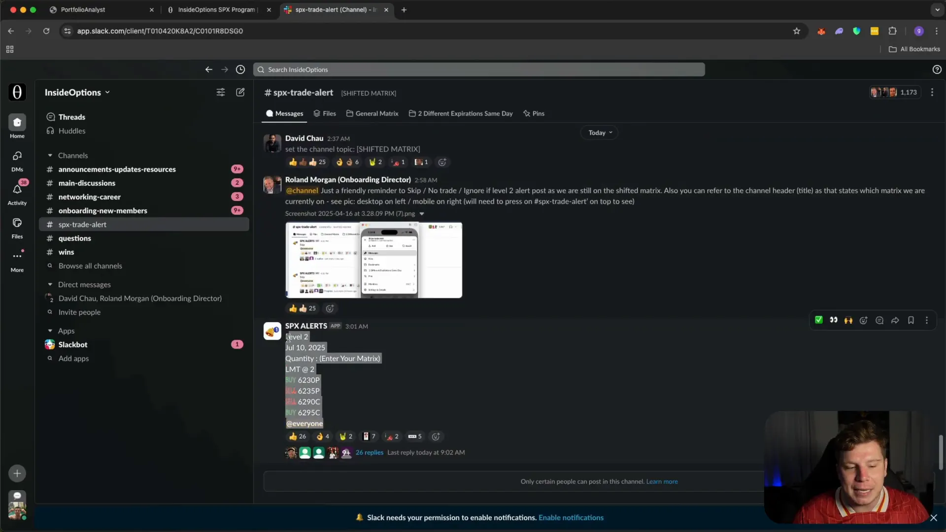 Screenshot of Inside Options Slack channel showing trade alerts and member wins