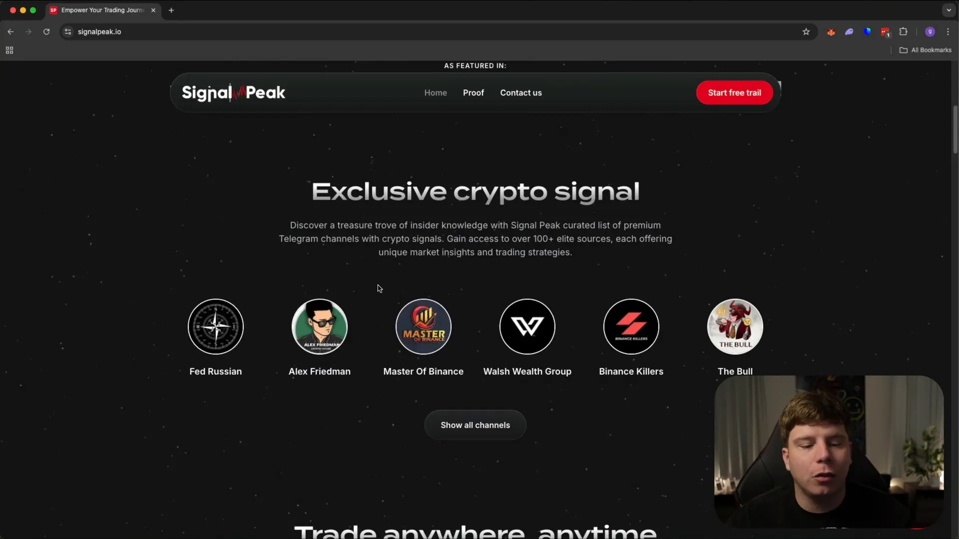 SignalPeak official website showing premium crypto telegram groups