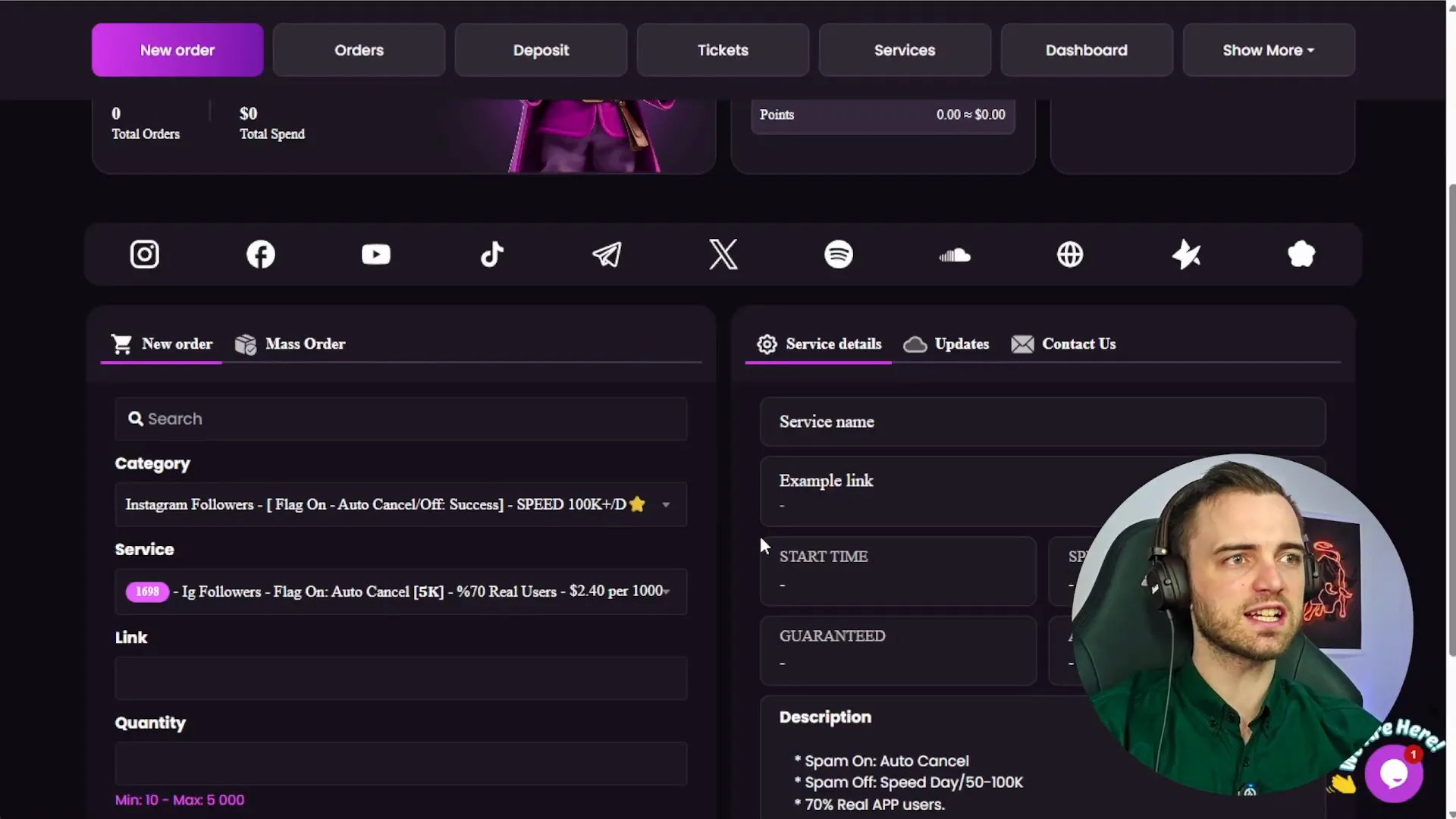 SMMGo dashboard interface showing order and deposit options