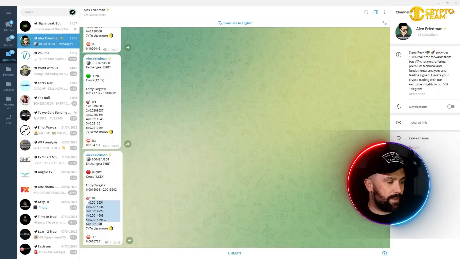 Alex Friedman’s telegram signals showing entry and take profit targets
