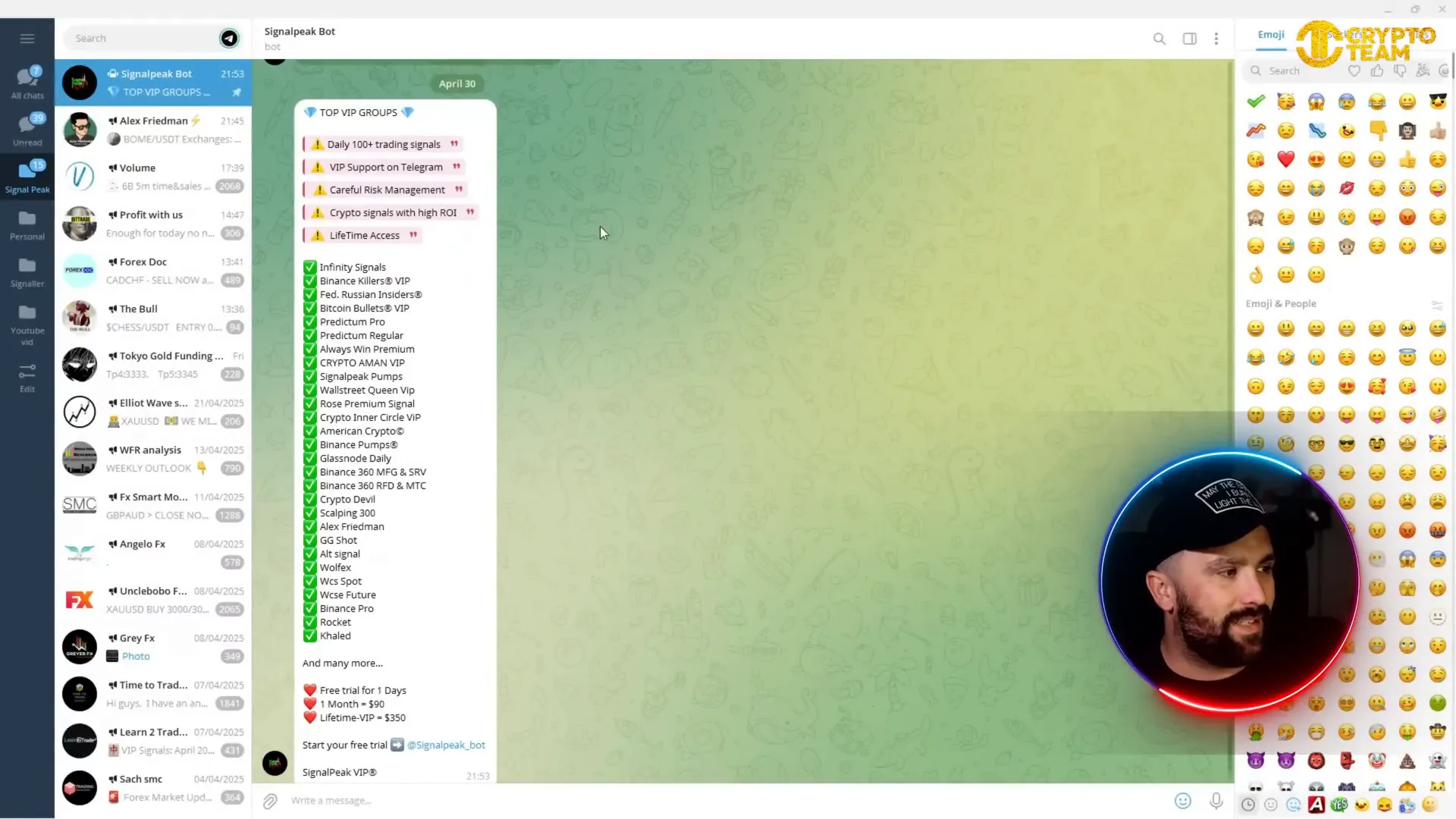 SignalPeak Telegram bot interface with subscription options
