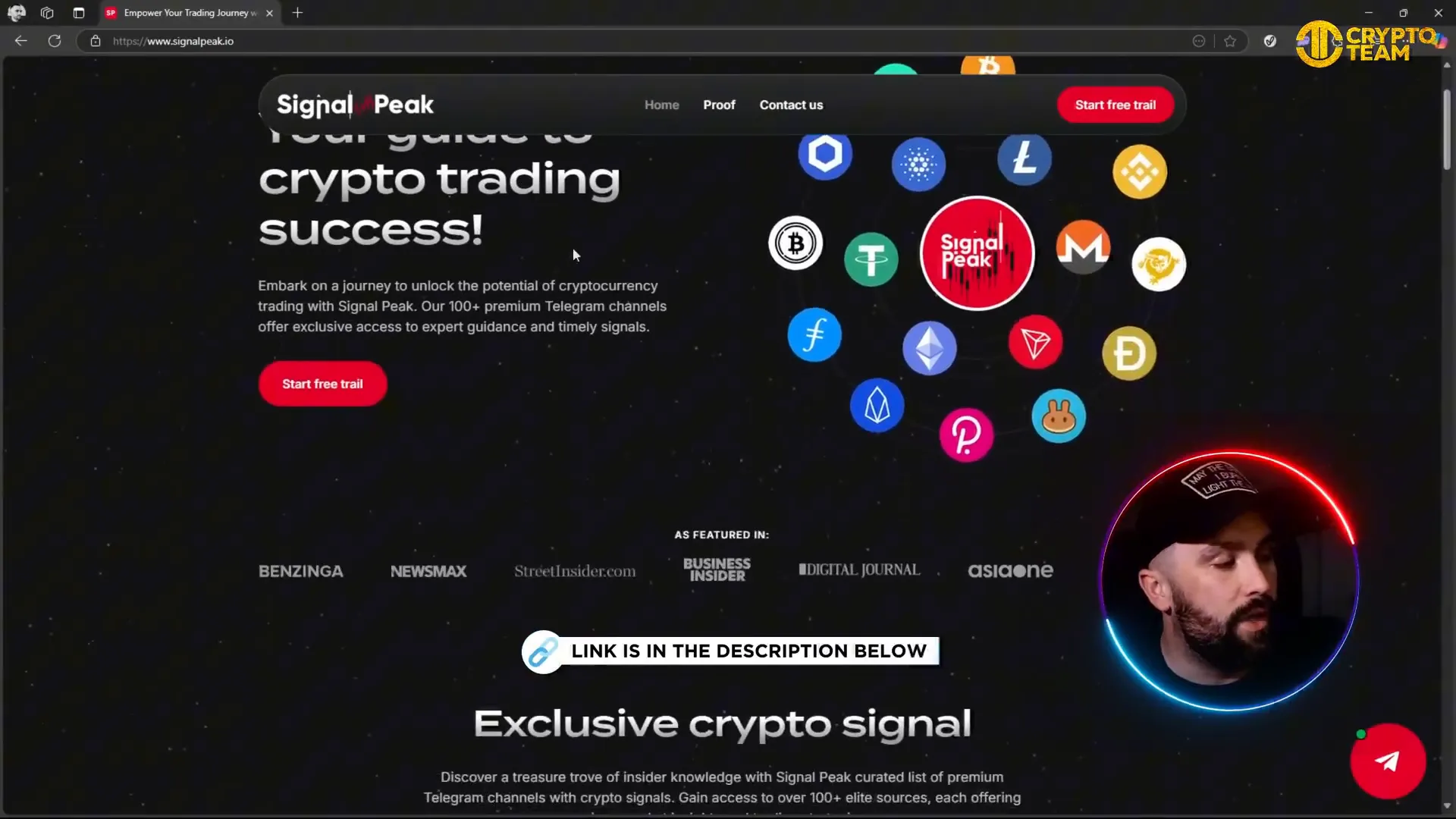 SignalPeak.io homepage showing crypto trading success