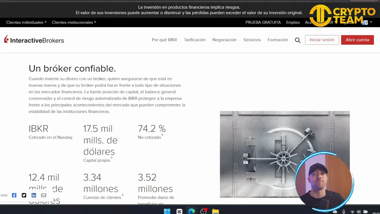 Captura nítida de la página de Interactive Brokers en español con el titular 'Un bróker confiable' y datos institucionales.