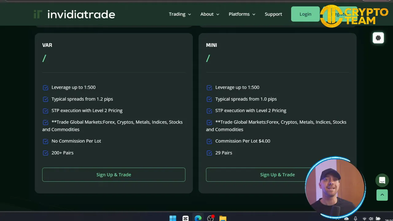 Página de planes de Invidiatrade mostrando leverage up to 1:500, typical spreads and commission details