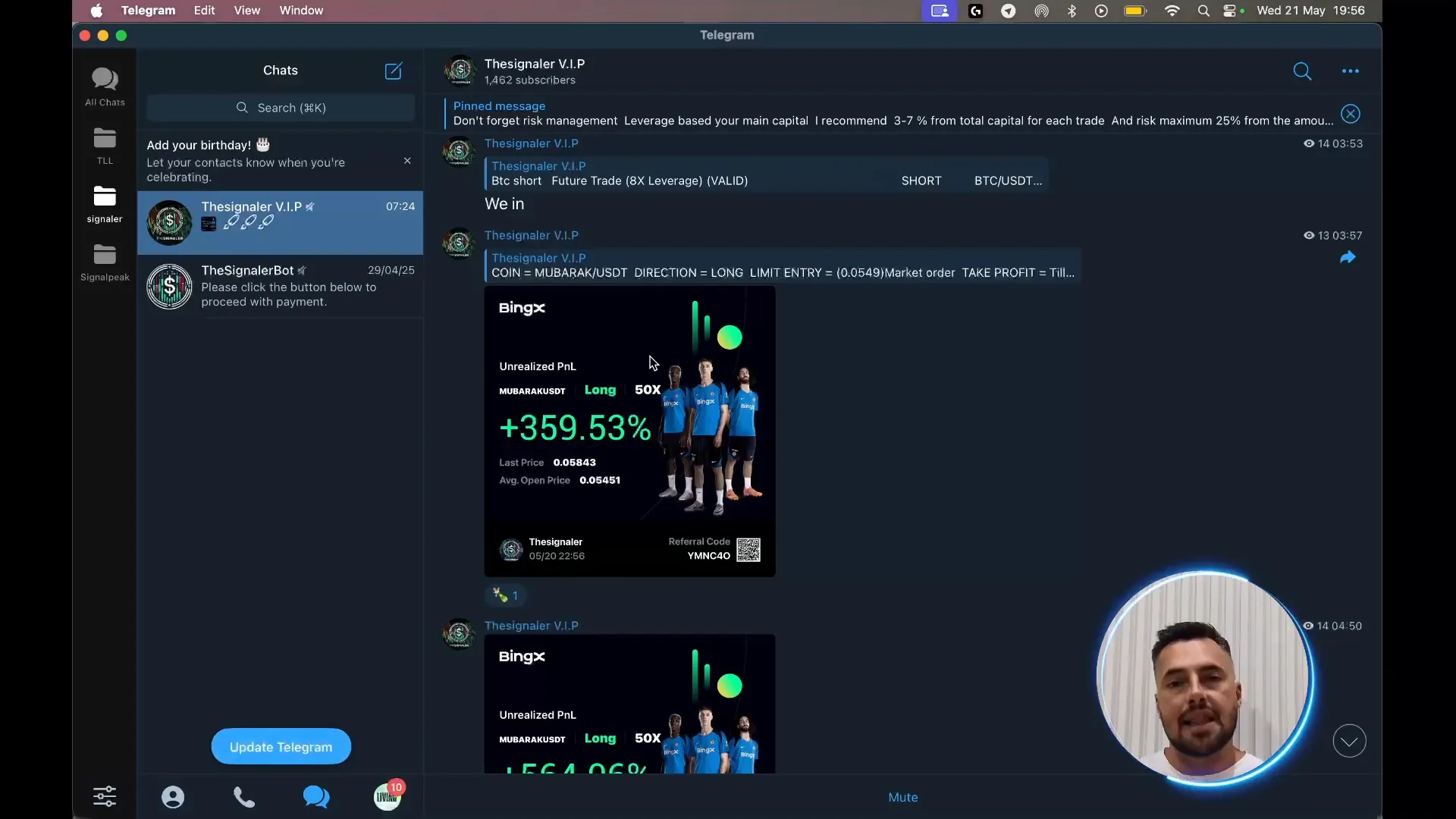 Telegram VIP group showing profit results and signals