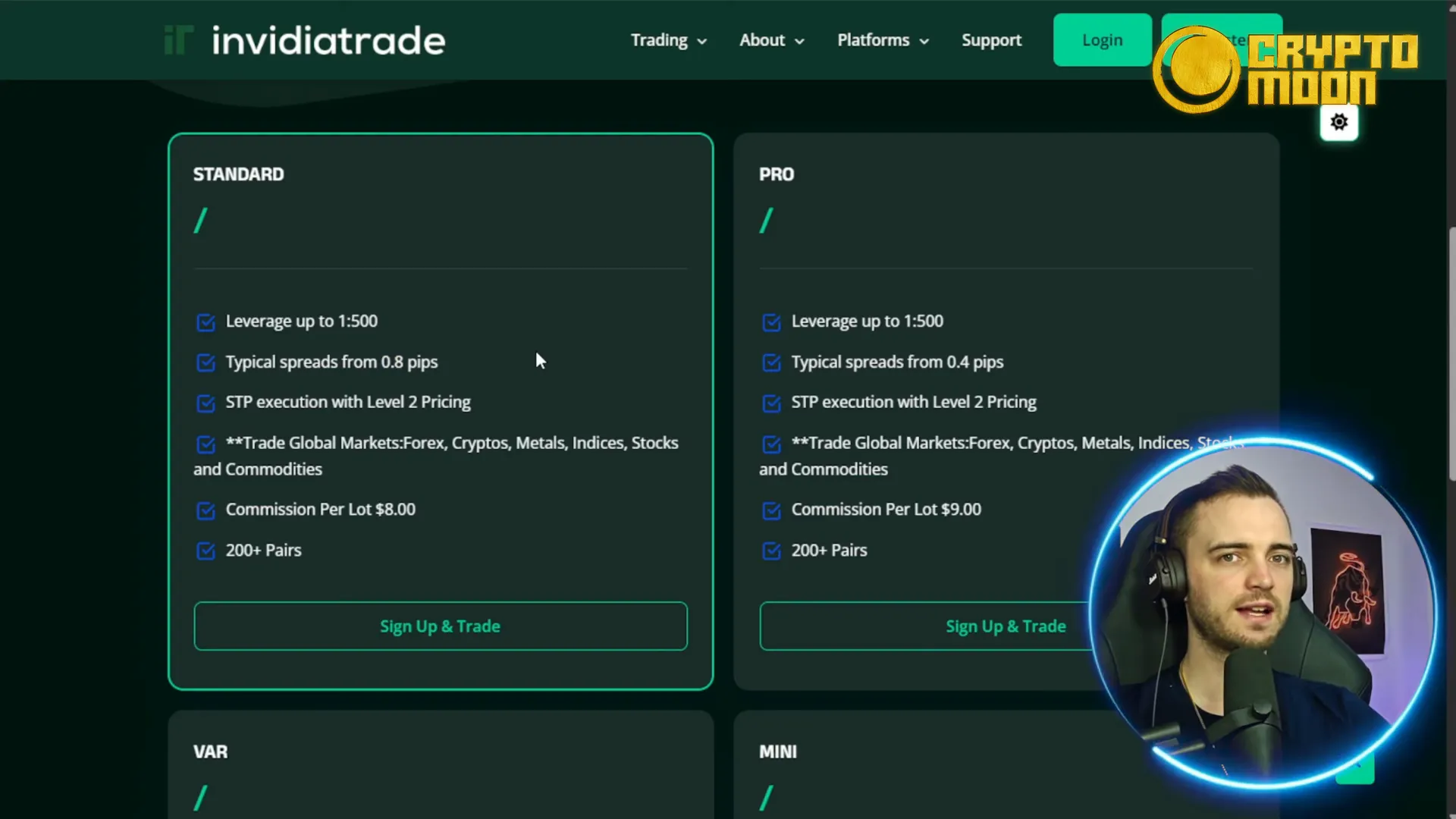 Invidia Trade account options showing leverage and spreads