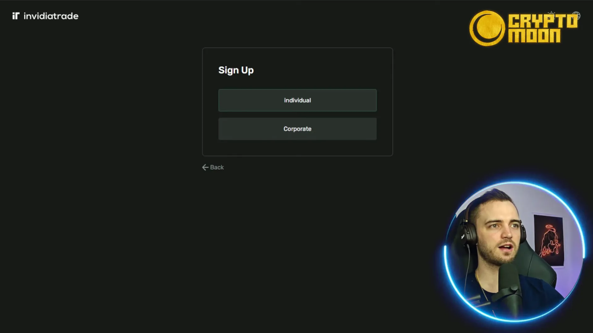 Invidia Trade registration screen showing individual or corporate options