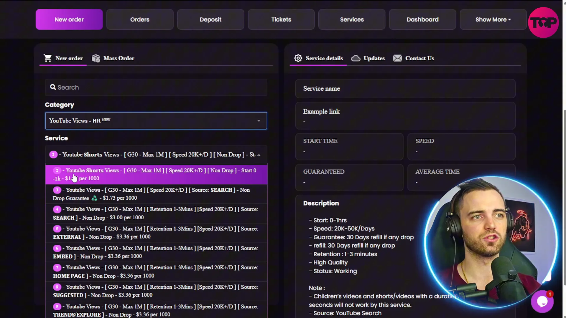 SmmGo.io interface showing YouTube short views purchase options