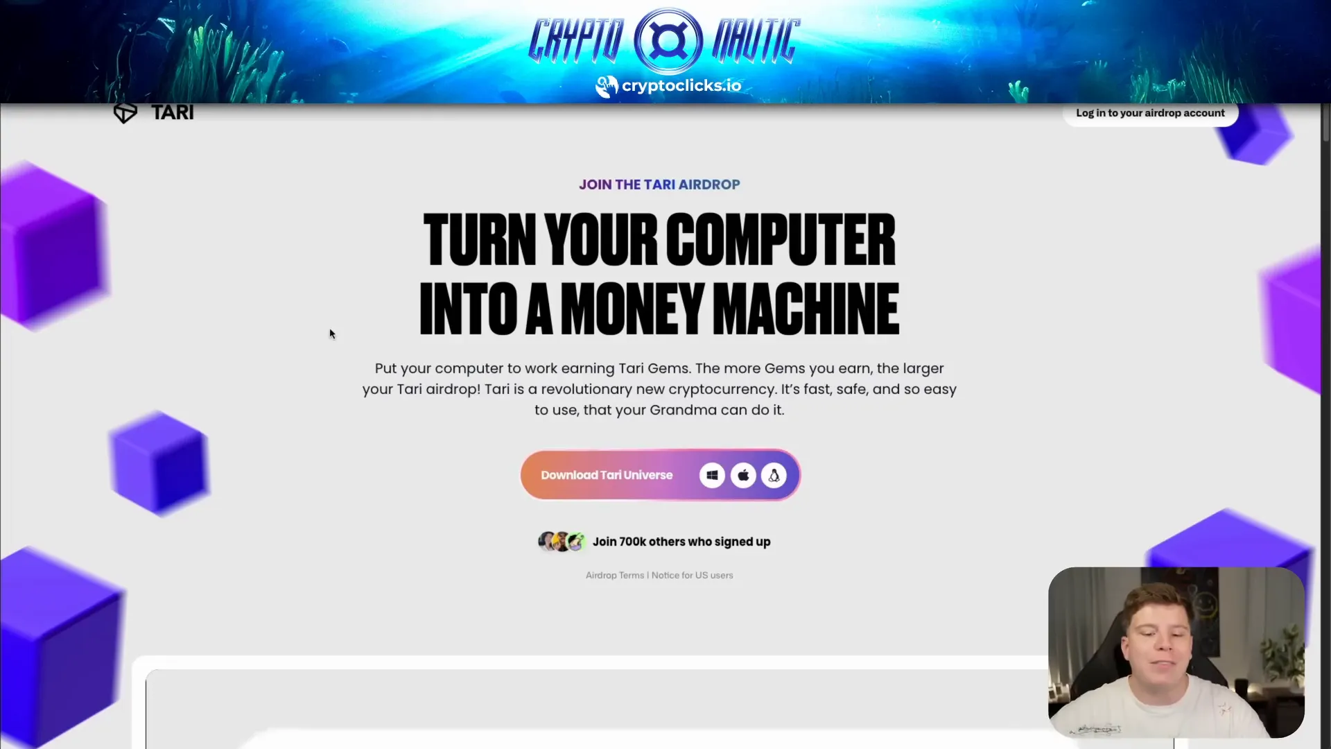 Tari airdrop sign-up interface