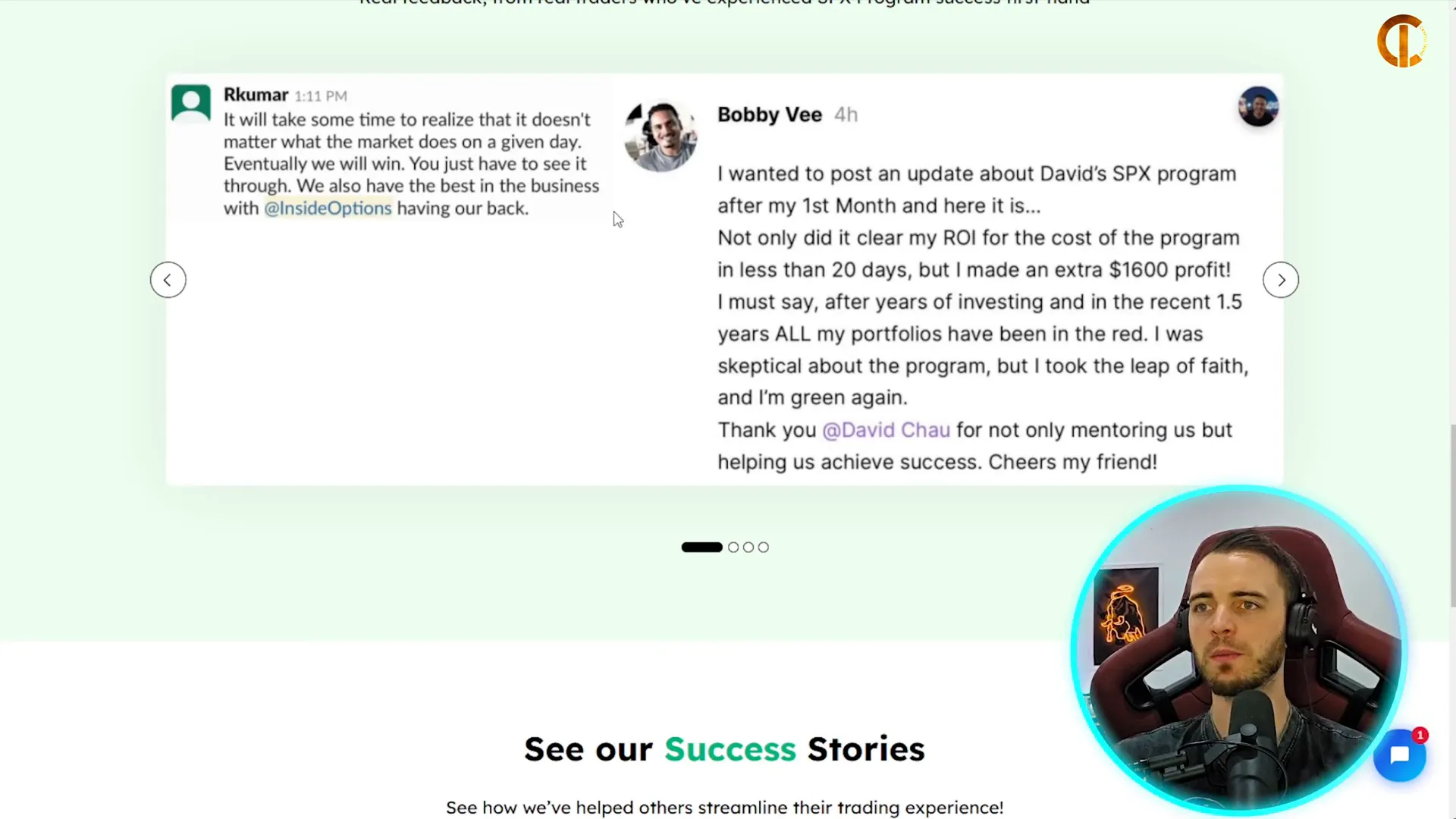 Client testimonial about SPX options trading success