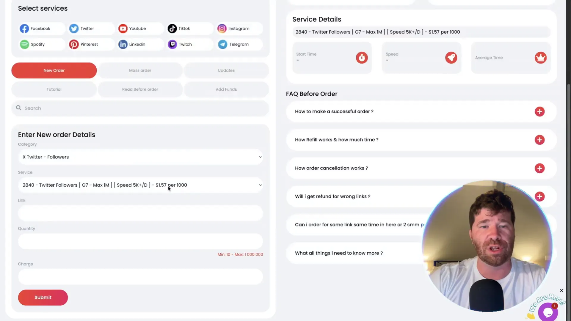 SMMGo.io dashboard showing new order placement for Twitter followers