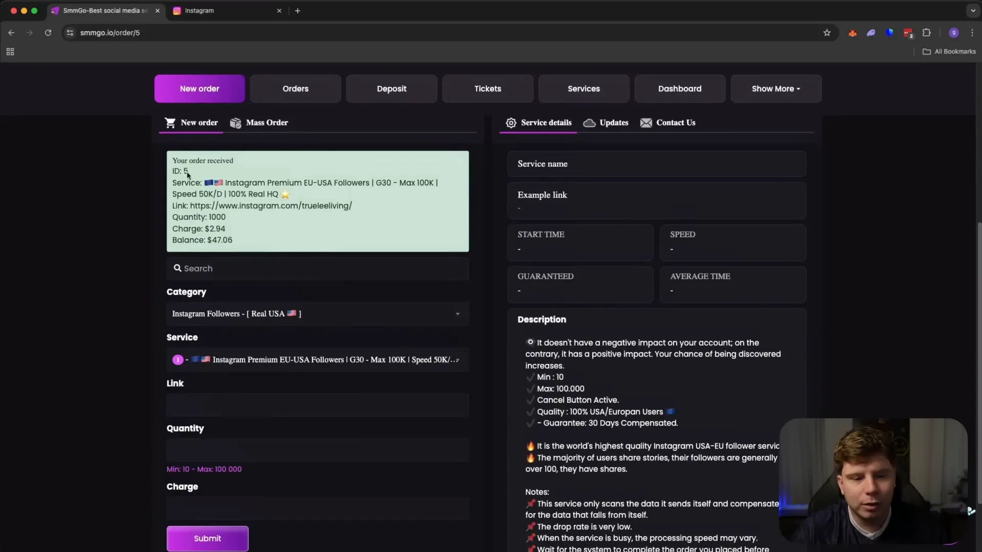 Ordering Instagram followers on SMMGO platform