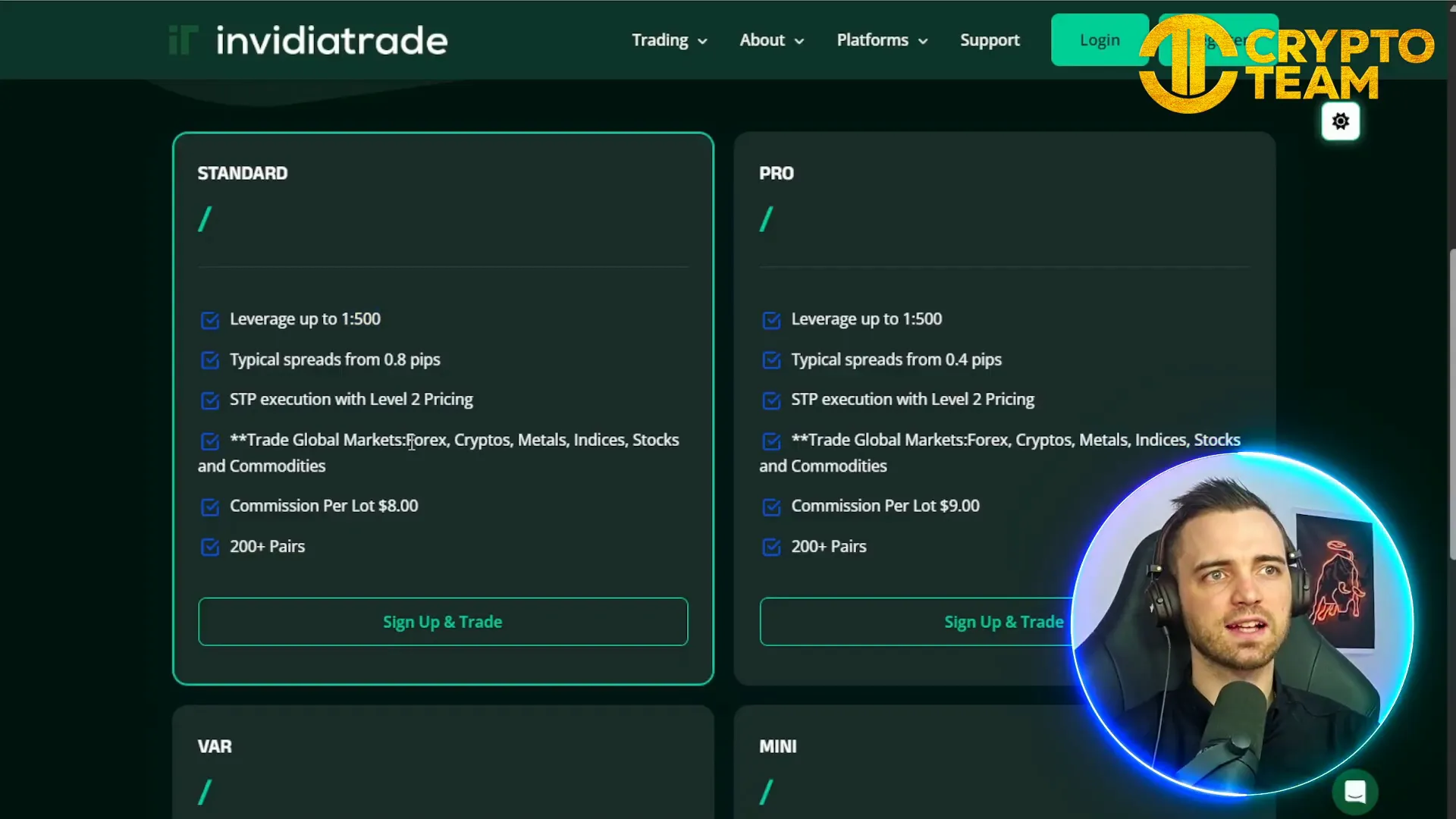 InvidiaTrade platform showing multiple asset classes and leverage options