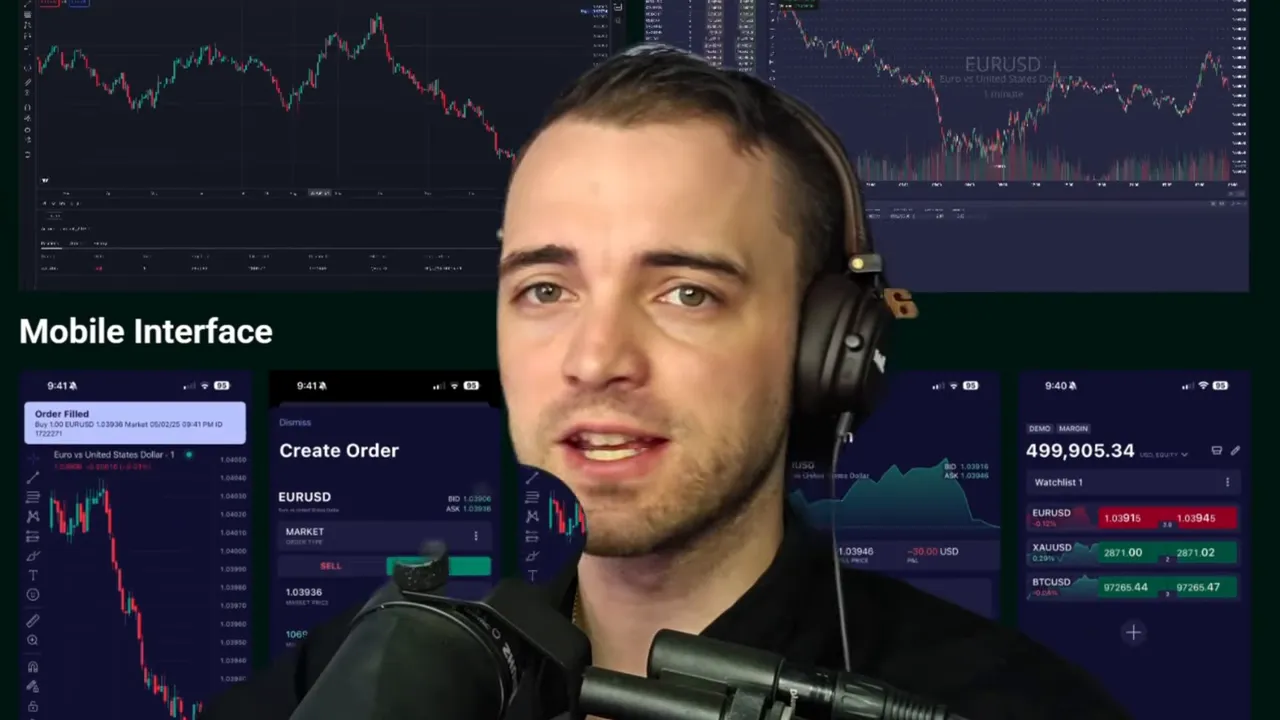 Presenter with large trading charts and mobile interface panels visible in the background