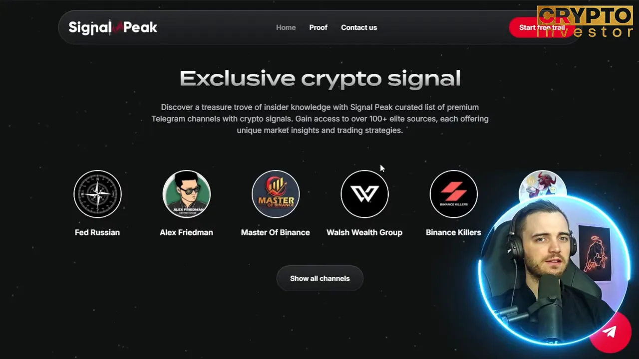 SignalPeak dashboard showing list of vetted Telegram channels