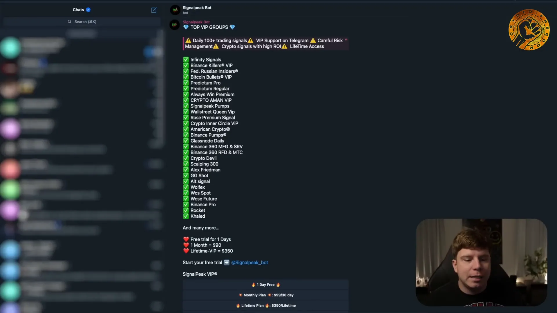 SignalPeak Telegram bot showing membership options and free trial